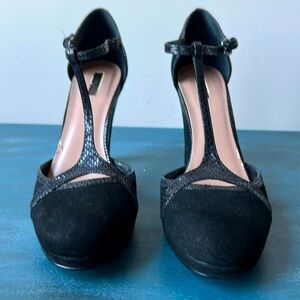 Black Suede T-strap Shoe with Leather Details